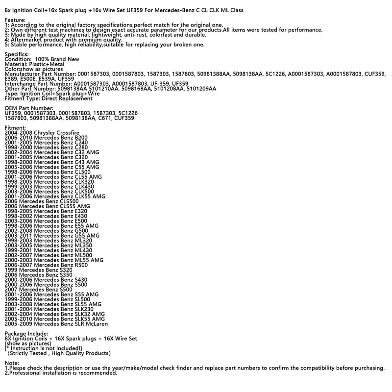 1998-2000 Mercedes Benz C43 AMG 8x Ignition Coil+16xSpark plug +16x Wire Set UF359 0001587303
