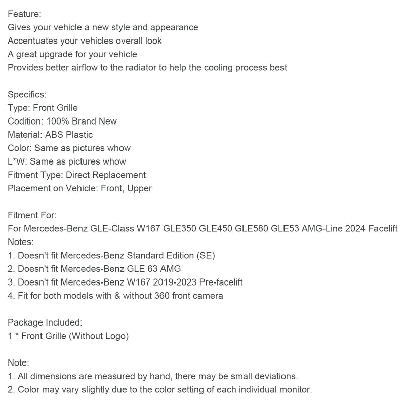 2024 Mercedes Benz W167 GLE350 GLE450 AMG-Line etupuskurin säleikkö