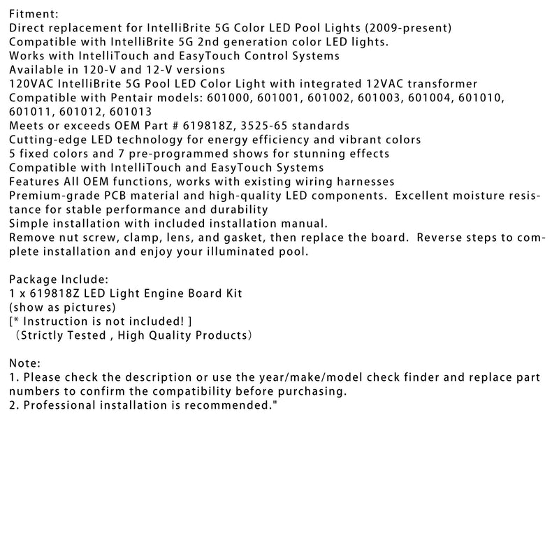 619818Z Kit de placa de mecanismo de luz LED para Intellibite 5G Color Led Pool Light Light