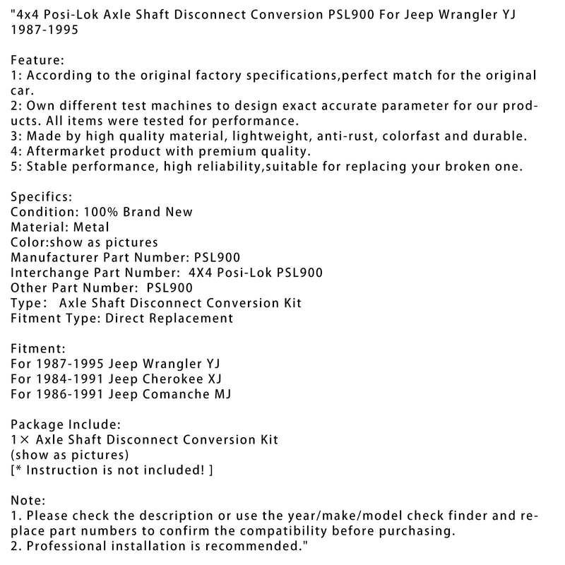 4x4 Posi-Lok aksel aksel separator omformer PSL900 for Jeep Wrangler YJ 87-95
