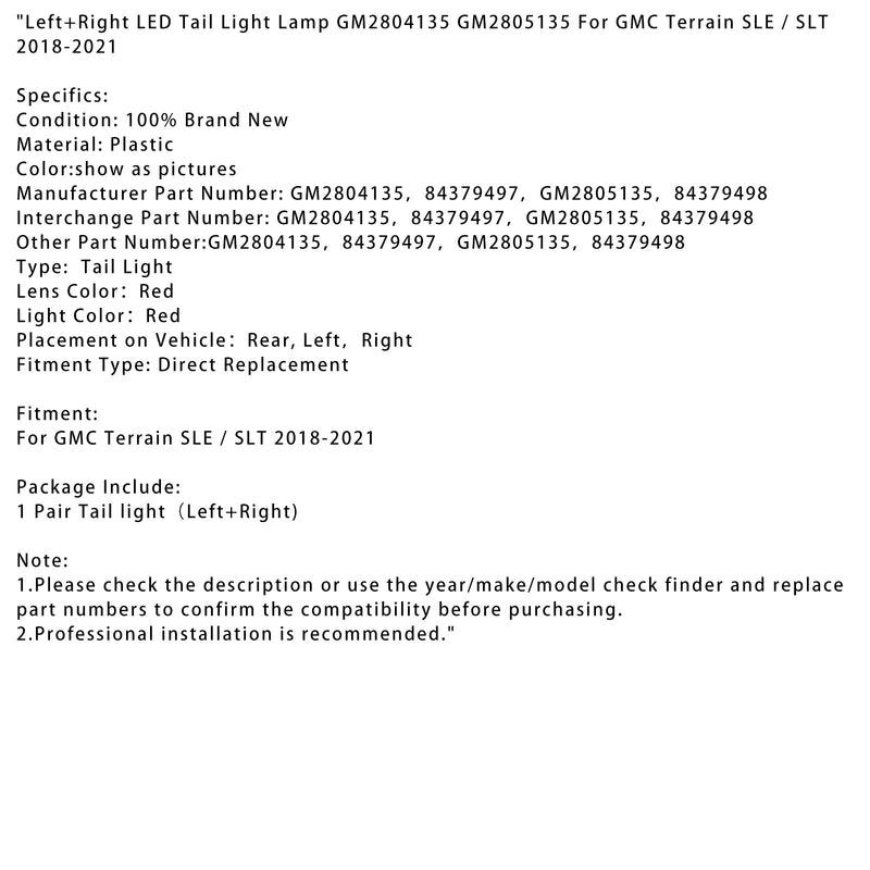 2018-2021 GMC Terrain SLE / SLT Links+Rechts LED Rücklicht Lampe GM2804135 5135