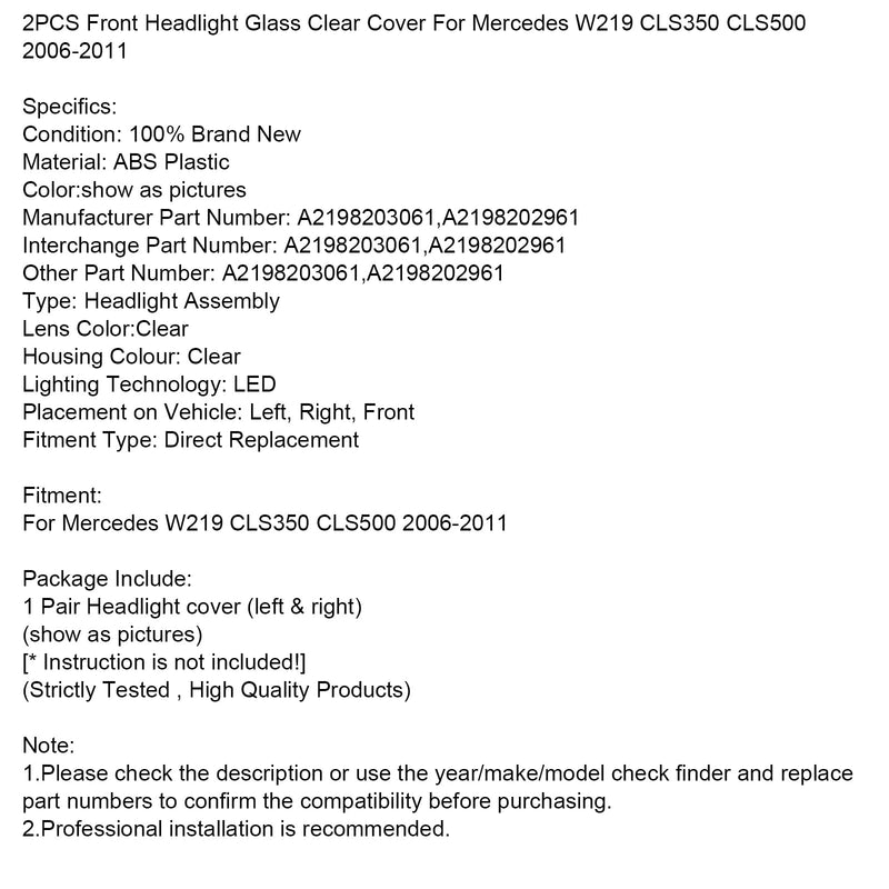2006-2011 Mercedes W219 CLS350 CLS500 2PCS Frontscheinwerfer Glas Klar Abdeckung
