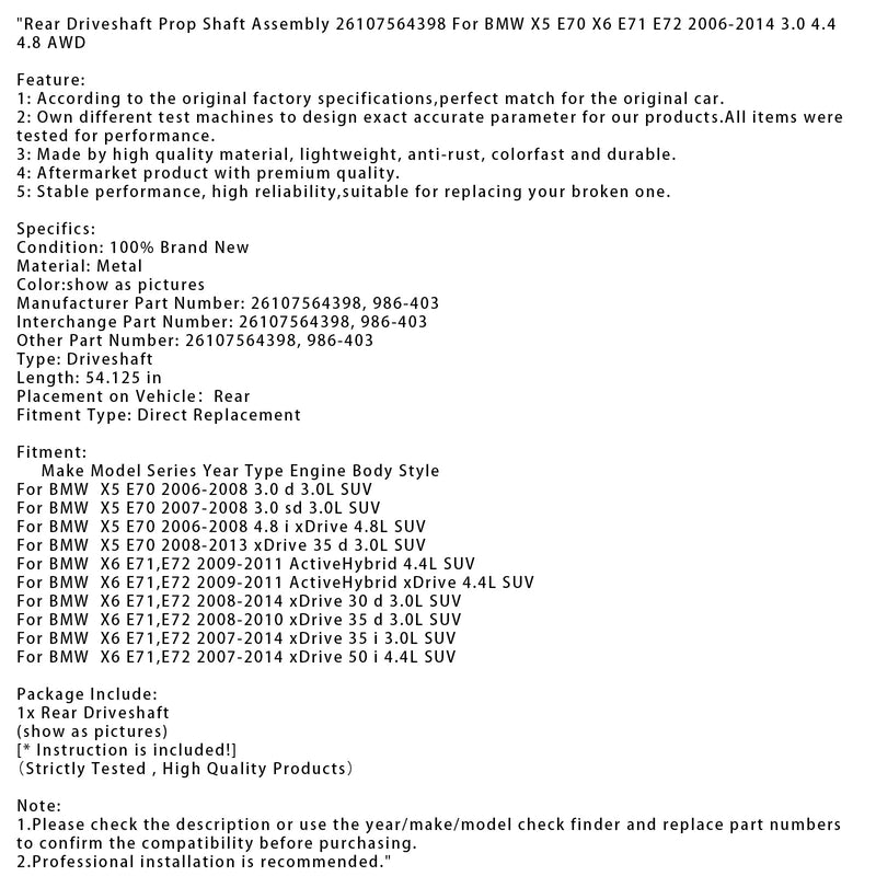 Rear Driveshaft Prop Shaft Assembly 26107564398 For BMW X5 E70 X6 E71 E72