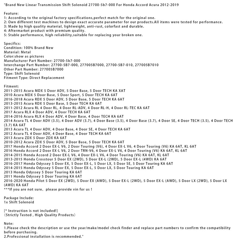 2013–2015 Honda Crosstour 5-Türer EX (2WD), 5-Türer EX-L (2WD) Sport. Brandneues lineares Getriebeschaltmagnetventil 27700-5b7-000