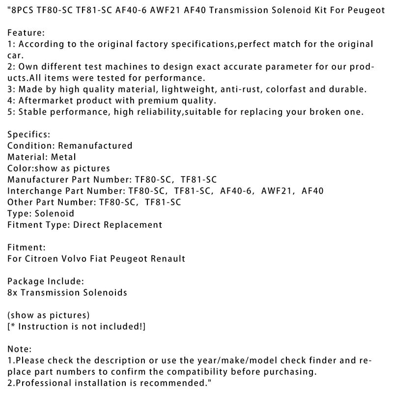 Citroen Volvo Fiat Peugeot Renault 8st TF80-SC TF81-SC AF40-6 AWF21 AF40 Transmissionsmagnetsats