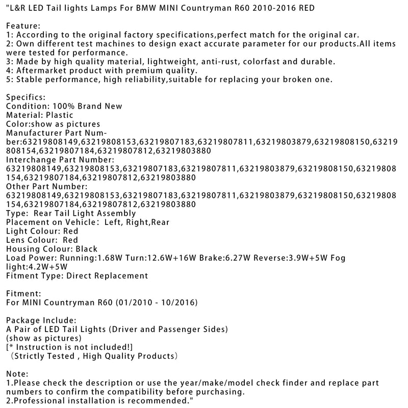 01/2010-10/2016 Mini Countryman R60 L & R LED-takavalovalaisimet punaiset 63219808149 63219808153