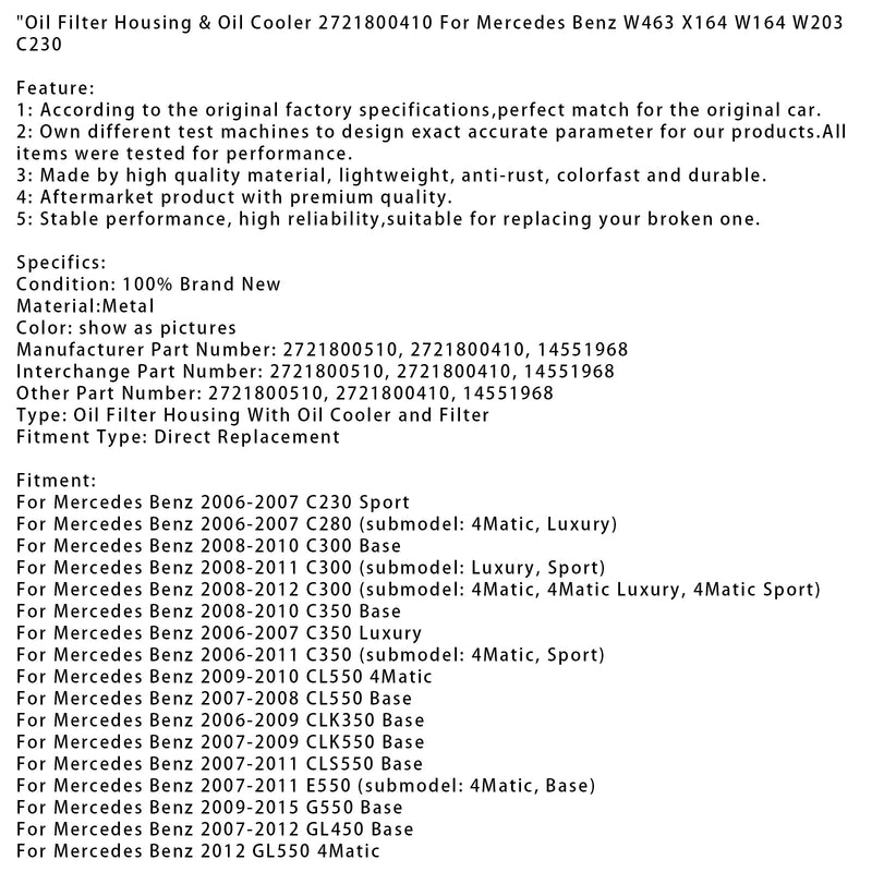 2012 Mercedes Benz SL550 Ölfiltergehäuse und Ölkühler 2721800410 14551968