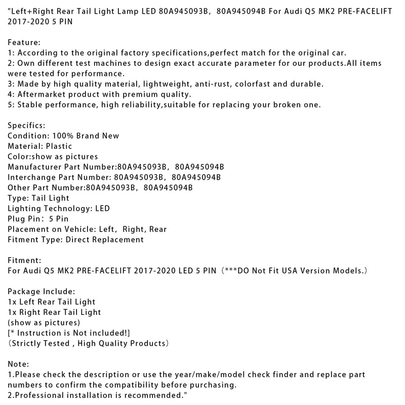 2017–2020 Audi Q5 MK2 Vor-Facelift Rückleuchte links + rechts LED 5-polig 80A945093B