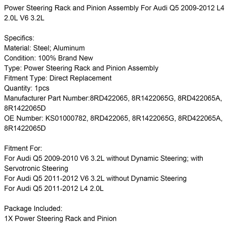 2011-2012 Audi Q5 L4 2.0L Power Steering Rack and Pinion Assembly 8RD422065 KS01000782
