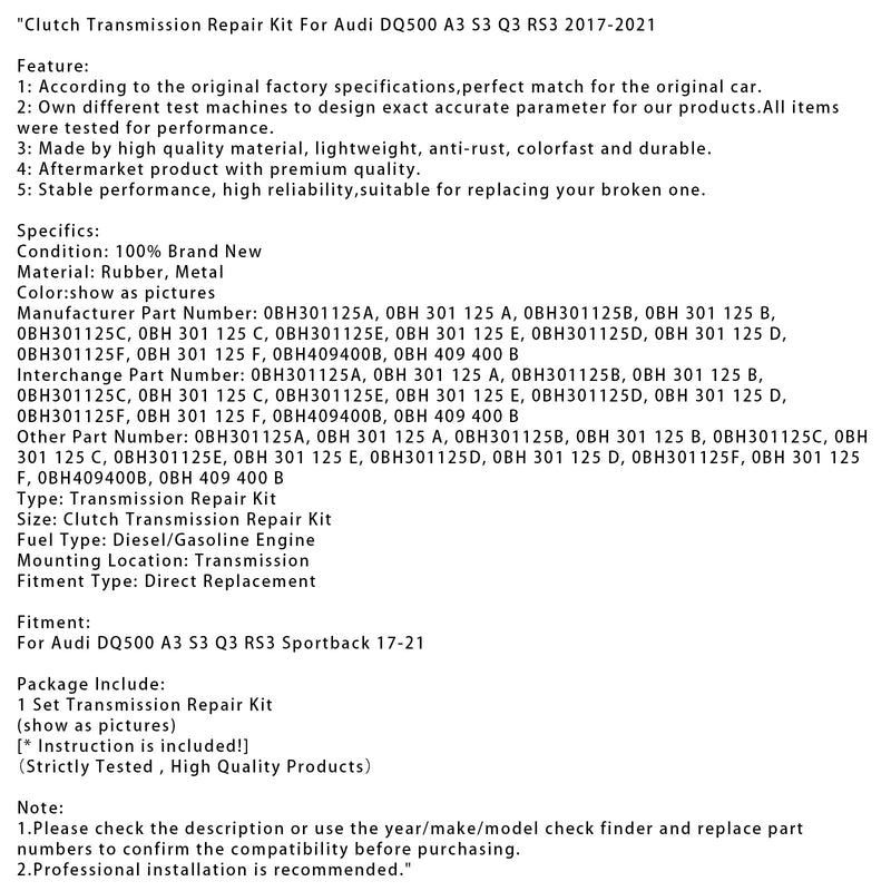 2017–2021 Audi DQ500 A3 S3 Q3 RS3 Sportback Kupplung Getriebe Reparatursatz 0BH301125A 0BH301125E