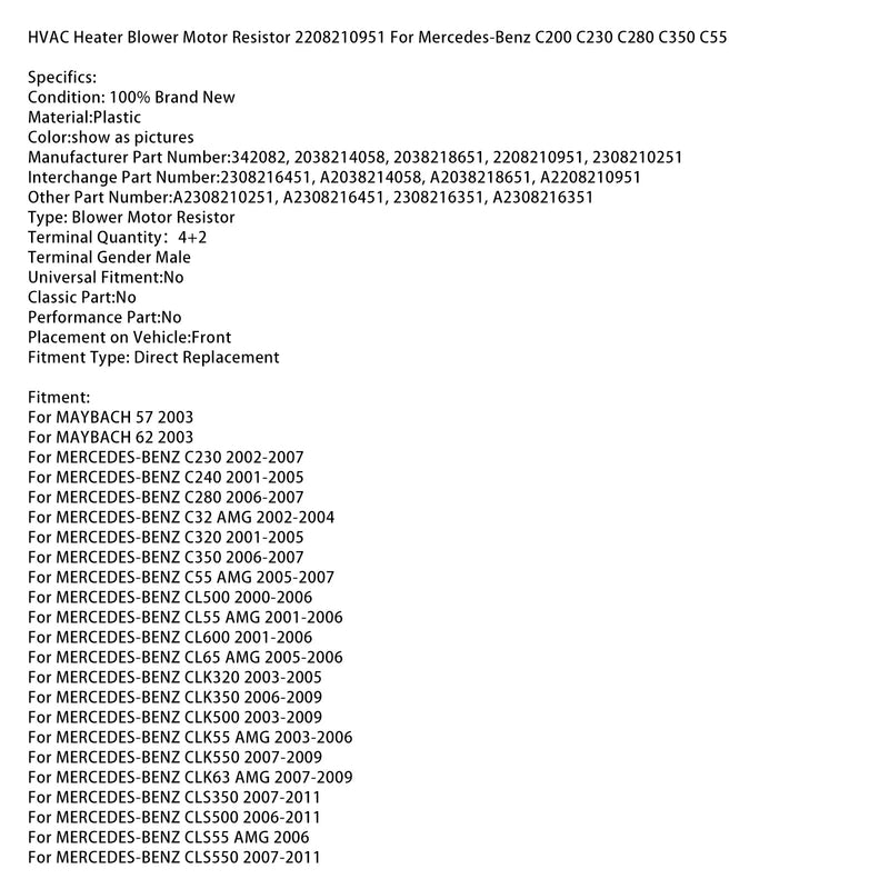 HVAC Heizung Gebläse Motor Widerstand 2208210951 Für Mercedes-Benz C200 C230 C280