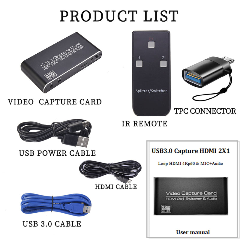 USB3.0 to-i-ett videoopptakskort HDMI 2X1 switcher & lydsløyfe HDMI 4Kp60 & MIC + lyd