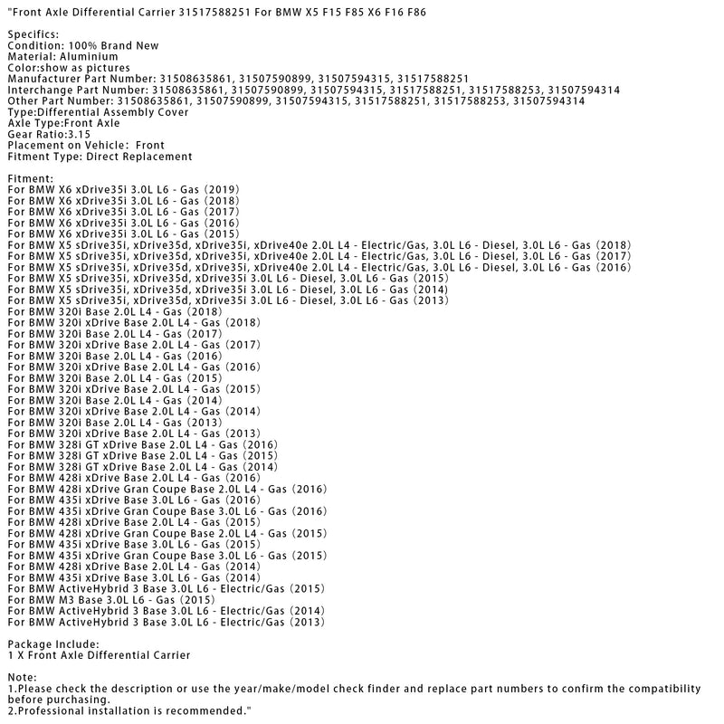 2015–2016 BMW 428I xDrive Gran Coupé Base 2.0 L L4 - Differentialbärare för framaxeln i gas 3151758251 31508635861