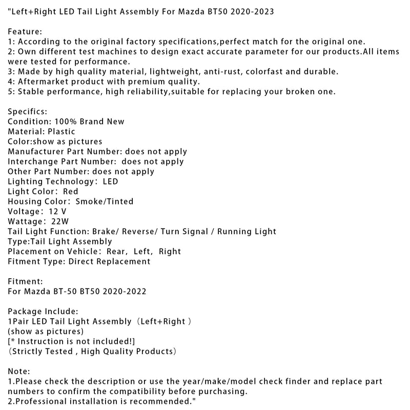 2020–2023 Mazda BT50 links + rechts LED-Rücklichtbaugruppe