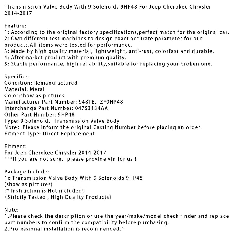 2014–2017 Jeep Cherokee Chrysler Getriebe-Ventilblock mit 9 Magnetventilen 9HP48 04753134AA