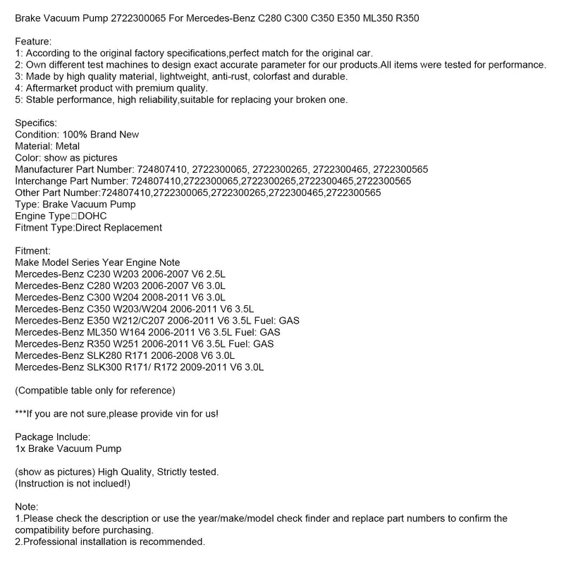 2006-2011 Mercedes-Benz E350 W212/C207 V6 3,5L bremsevakuumpumpe 2722300065