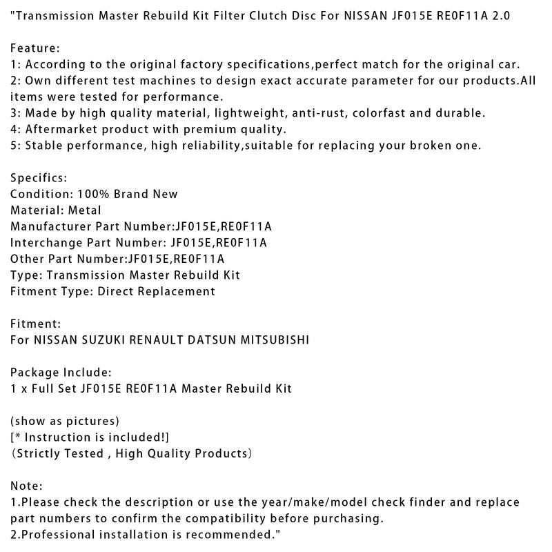 Übertragung Master Rebuild Kit Filter Kupplung Disc Für NISSAN JF015E RE0F11A 2,0