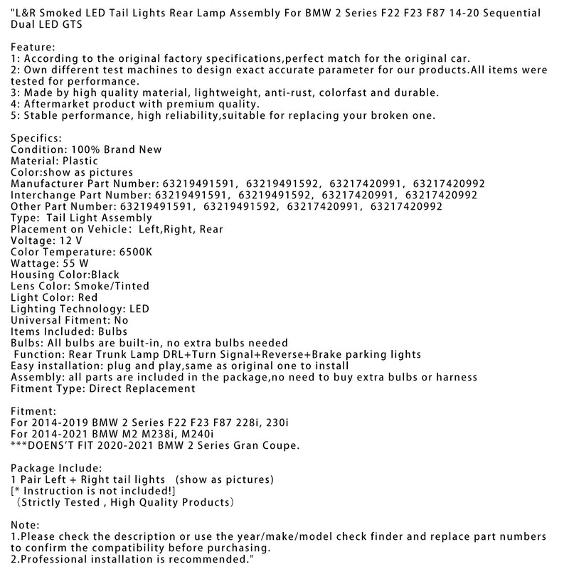 L&amp;R Geräucherte LED Rückleuchten Hinten Lampe Montage Für BMW 2 F22 F23 F87 14-20