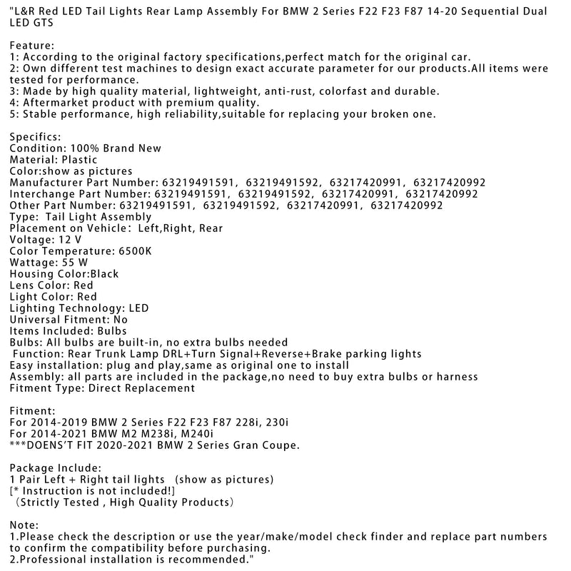 2014–2021 BMW M2 M238I, M240I L&R Red Led zadní světla, modul zadního světla 63219491591