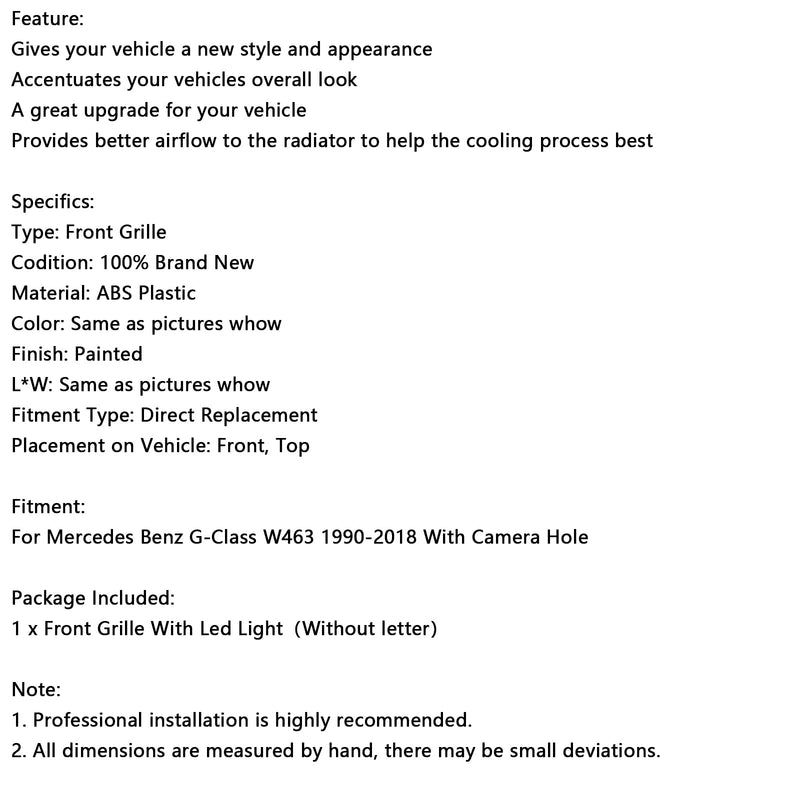 1990-2018 Mercedes Benz G-sarja W463 kamerareiällä, kiiltävä musta etupuskurin säleikkö