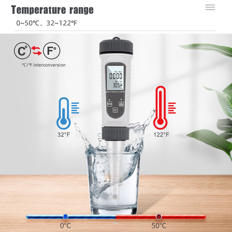 Medidor Digital de calidad del agua 4 en 1 EC/SG/TEMP/salinidad, herramienta de prueba