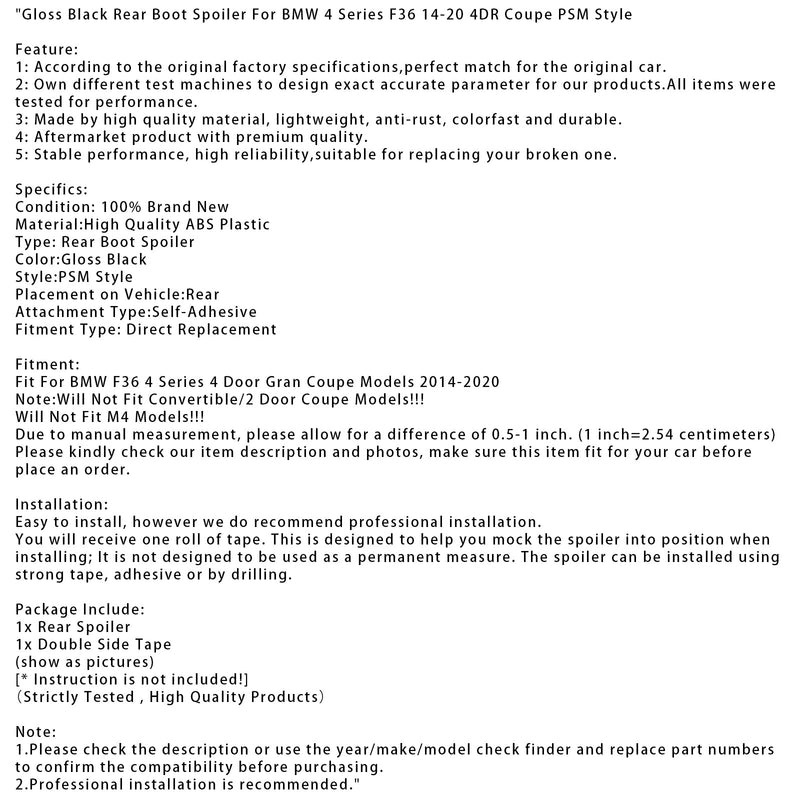 2014–2020 BMW 4er F36 4-Türer Coupé PSM-Style Heckspoiler in Schwarz glänzend