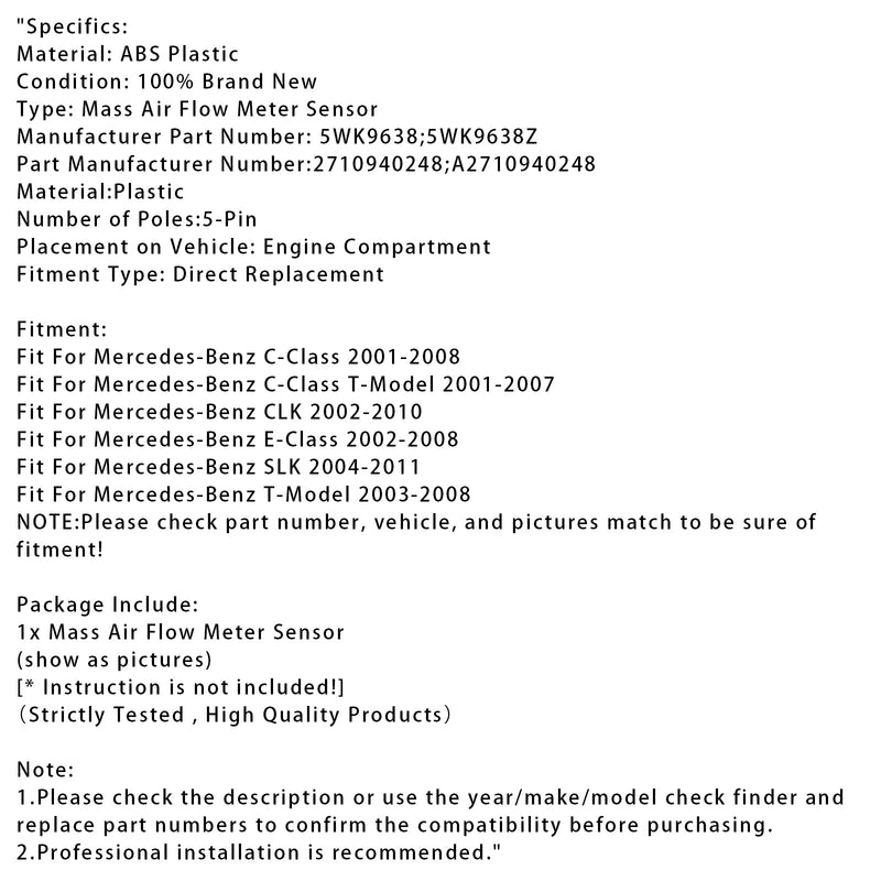 Mass Air Flow Meter Sensor For Mercedes-Benz W203 W211 C209 5WK9638