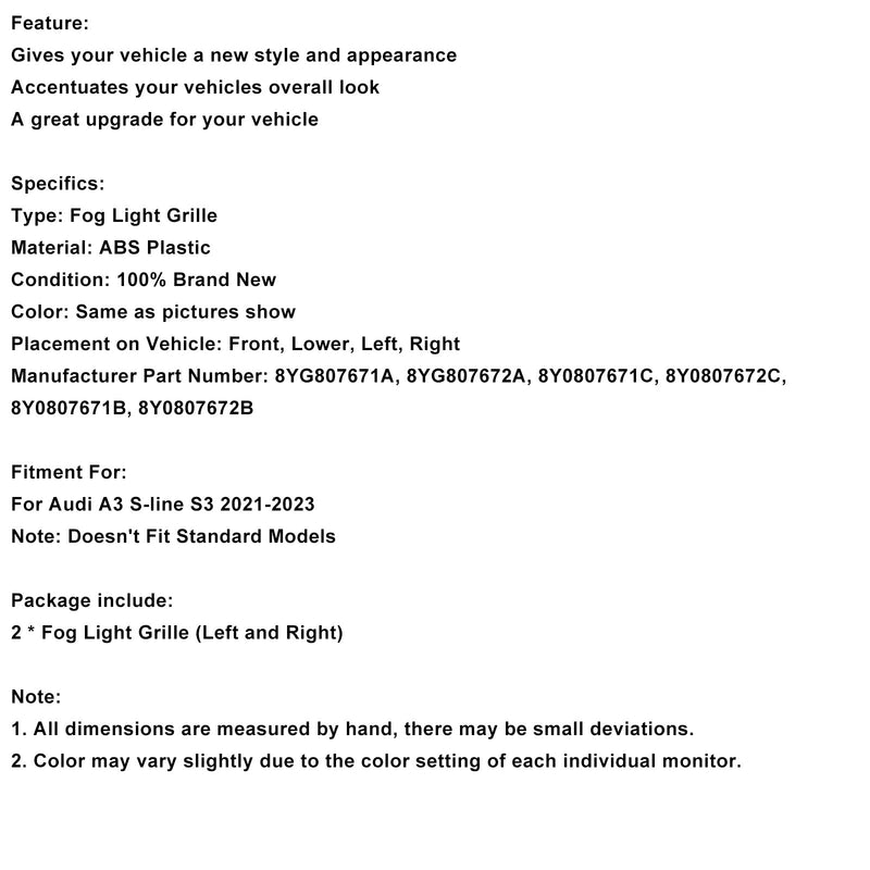 Schwarze Nebelscheinwerfer-Abdeckung im Wabendesign für Audi A3 S-line (2021–2023)