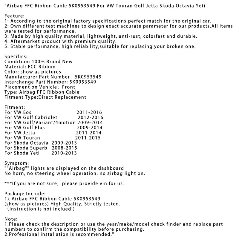 2010-2013 Skoda Yeti Airbag FFC båndkabel 5K0953549