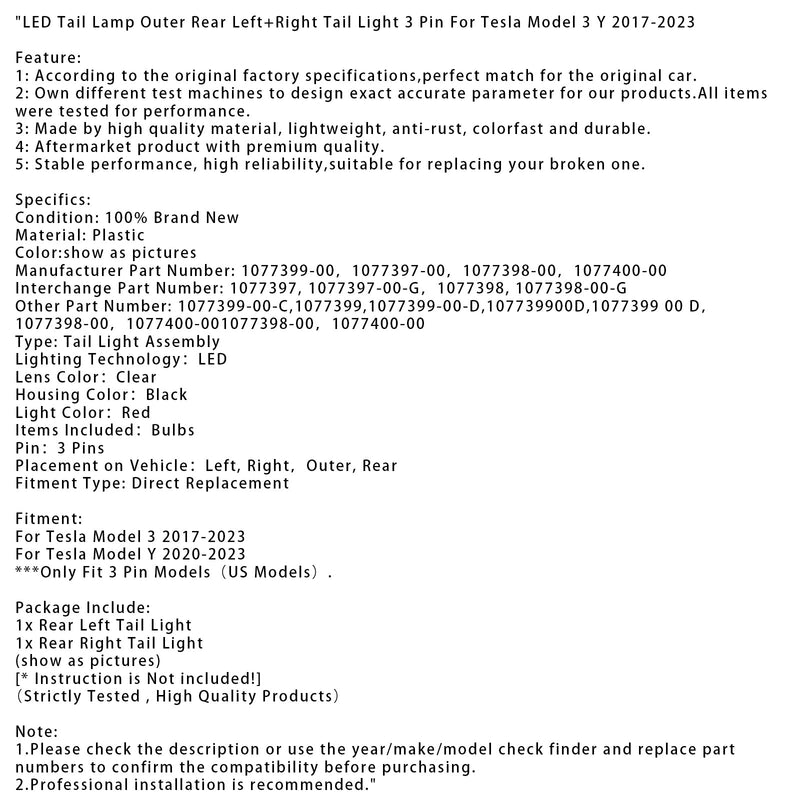 L+R LED Rücklicht Äußeres Rücklicht 3 Pin Für Tesla Model 3 Y 2017-2023
