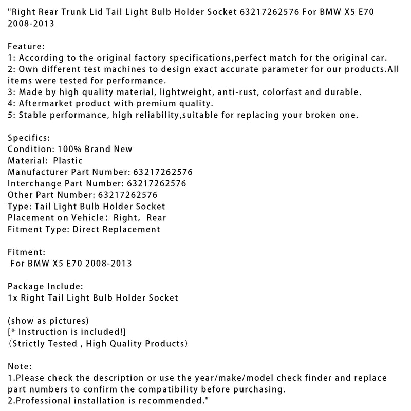 2008–2013 BMW X5 E70 rechts hinten Kofferraum Deckel Rücklicht Birne Halter Sockel