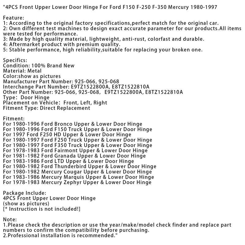 1978-1983 Mercury Zephyr övre och nedre dörrgångjärn 4 delar främre övre nedre dörrgångjärn 925-066