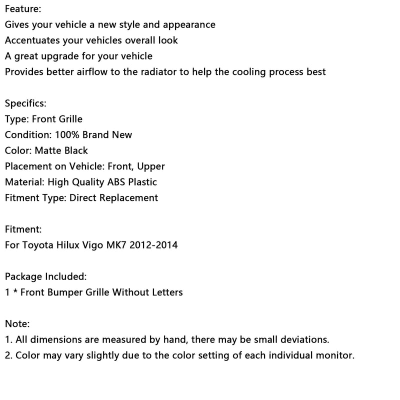 2012-2014 Toyota Hilux Vigo MK7 Mattsvart främre stötfångargrill