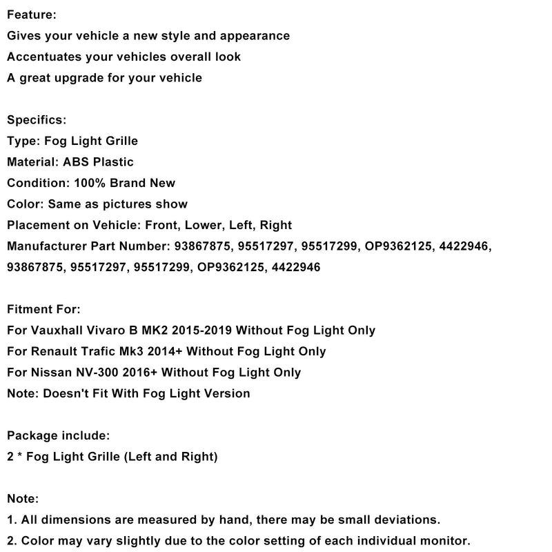 2015-2019 Vauxhall Vivaro B MK2 2PCS Frontstoßstange Nebelscheinwerfer Abdeckung Kühlergrill