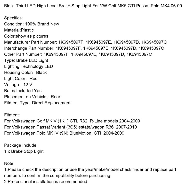 Schwarze dritte LED-Bremsleuchte mit hohem Niveau für VW Golf MK5 GTI Passat Polo MK4