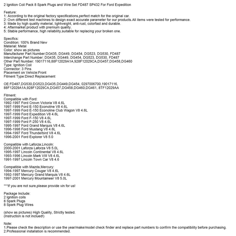 1997-1999 Ford Expedition V8 4.6L 2 Tändspolepaket 8 tändstift och trådsats FD487 SP432