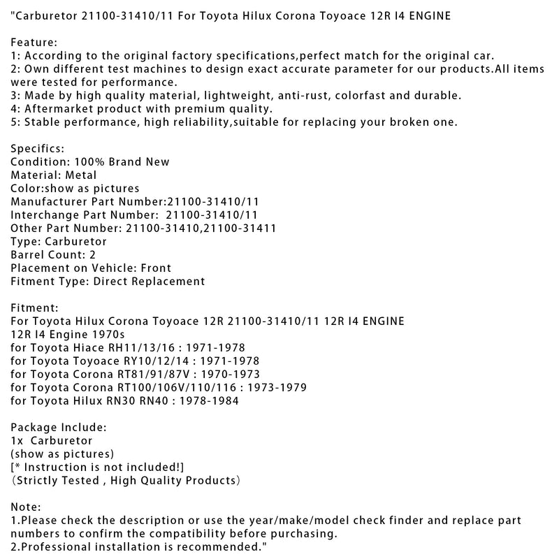 1978-1984 Toyota Hilux RN30 RN40 Vergaser 21100-31410/11