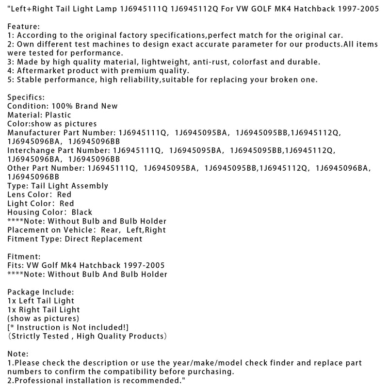 1997-2005 VW Golf MK4 Schrägheck Rücklicht links + rechts J6945111Q 12Q