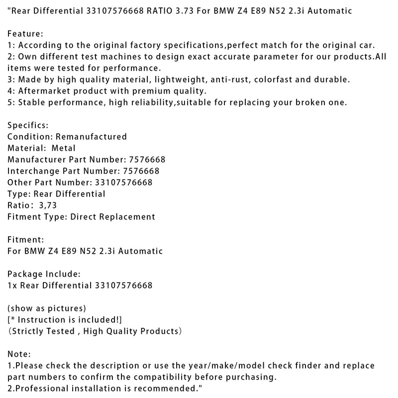 BMW Z4 E89 N52 2.3i Automatisches Hinterachsdifferential 33107576668 Übersetzungsverhältnis 3,73