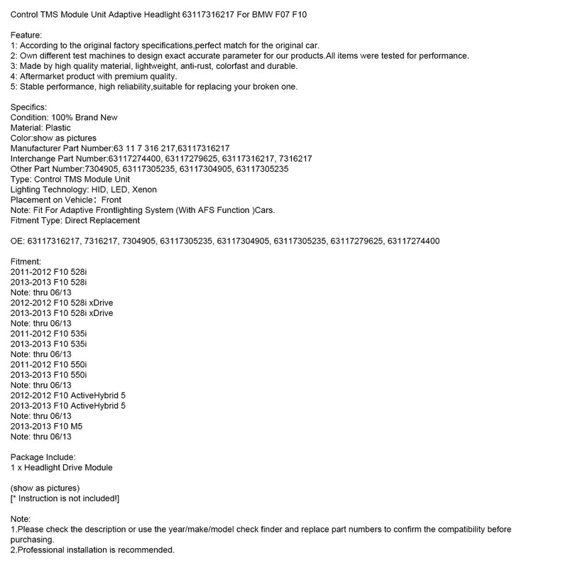 Control TMS Modul Einheit Adaptive Scheinwerfer 63117316217 Für BMW F07 F10