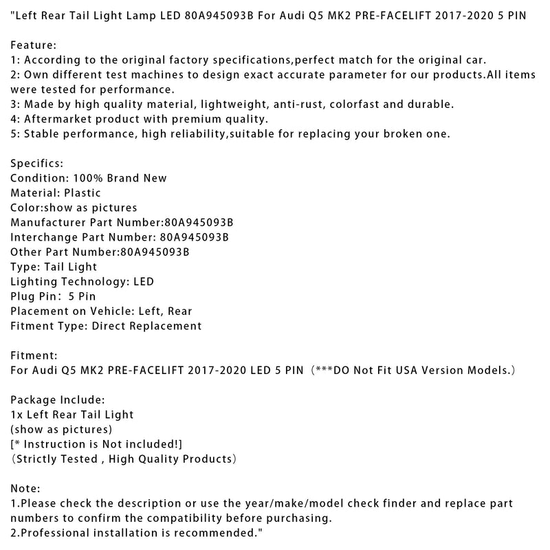 2017–2020 Audi Q5 MK2 Vor-Facelift Linke Rückleuchte LED 5-polig 80A945093B