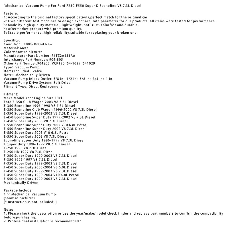 1999-2003 Ford F-450 Super Duty V8 7,3 L Diesel Mechanische Vakuumpumpe F6TZ2A451AA