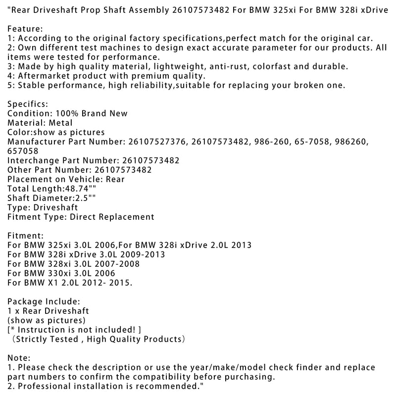 2006 BMW 330xi 3.0L Hintere Antriebswelle Propellerwelle Montage 26107573482 26107527376 986-260