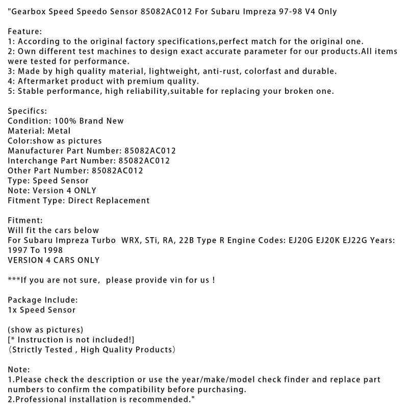 1997-1998 Subaru Impreza V4 Nur Getriebegeschwindigkeit Tachosensor 85082AC012