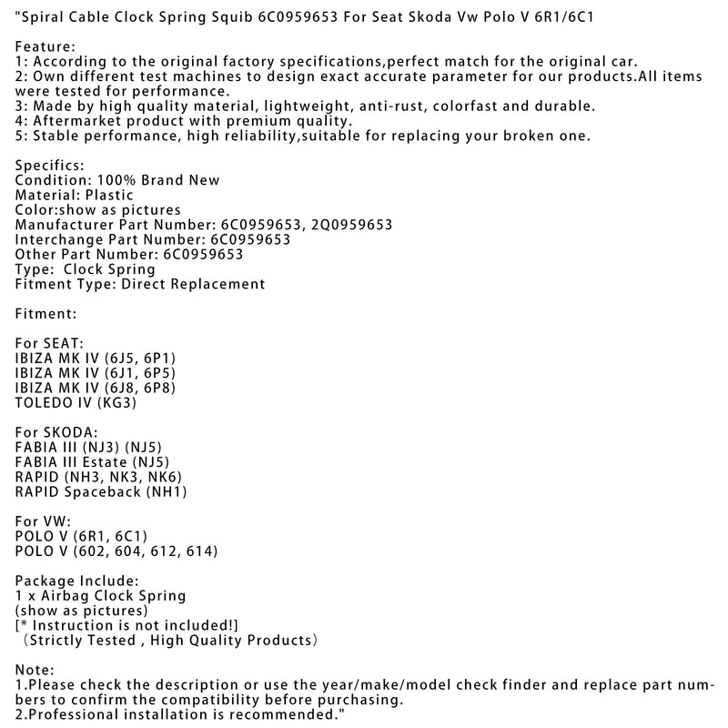 Spiralkabel bleie fjær tenningspille 6C0959653 for sete Skoda VW Polo V 6R1/6C1