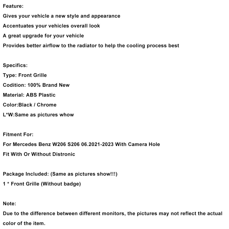 2022-2023 Mercedes Benz W206 W/Camera GT-R Style Front Bumper Grille Grill