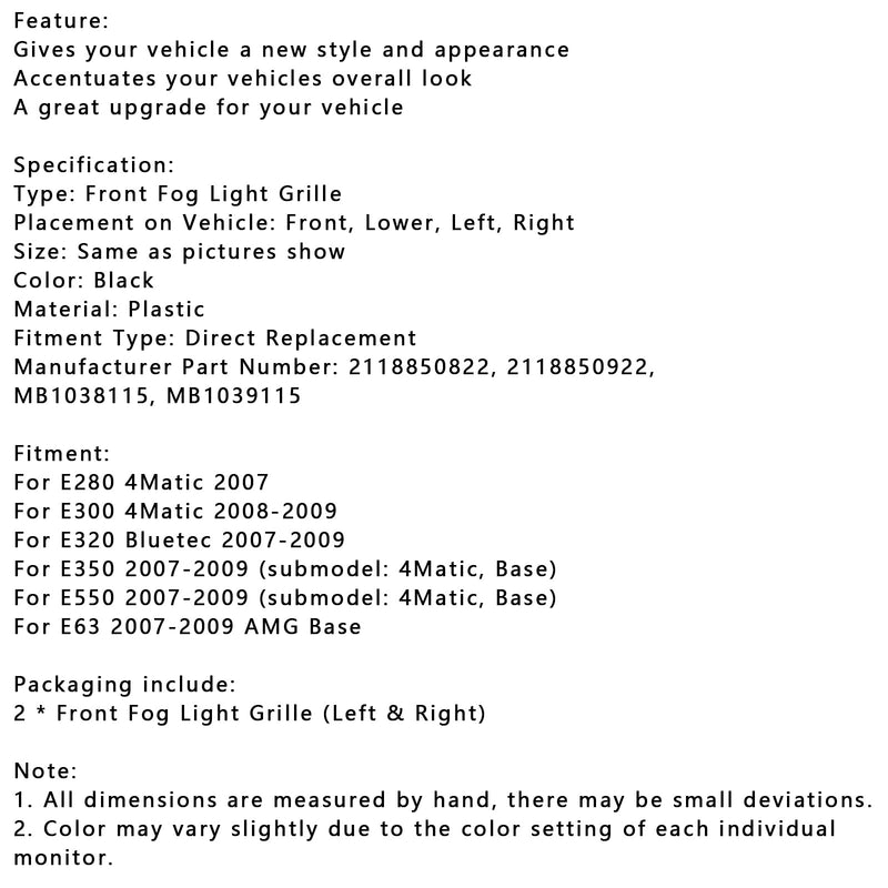 2007-2009 Mercedes Benz E-luokka W211 E63 perus 2-osainen sumuvalojen verhoilusarja 2118850822 MB1038115