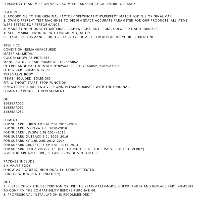 2012-2014 Subaru XV 1.6L 2.0L TR580 CVT Cuerpo de válvula de transmisión 31825AA052