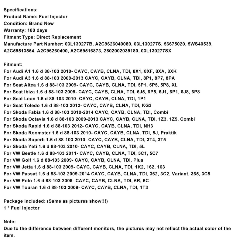 2012-on Skoda Rapid 1.6 d 88-103 CAYC, CAYB, CLNA, TDI, NH3 Fuel Injector 03L130277B A2C9626040080