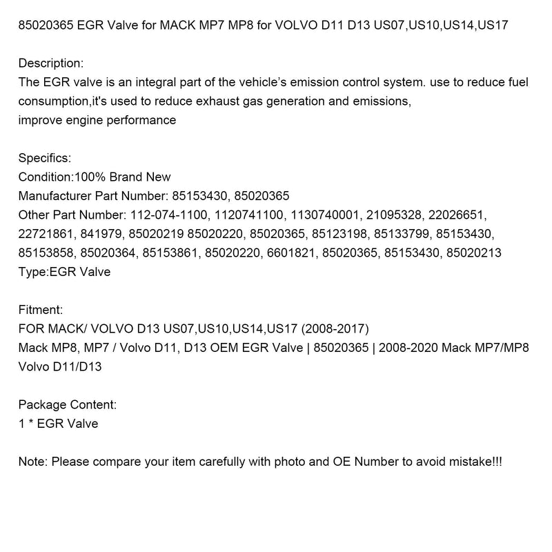 2008-2020 Mack MP7/MP8 Volvo D11/D13 Válvula EGR 85020365